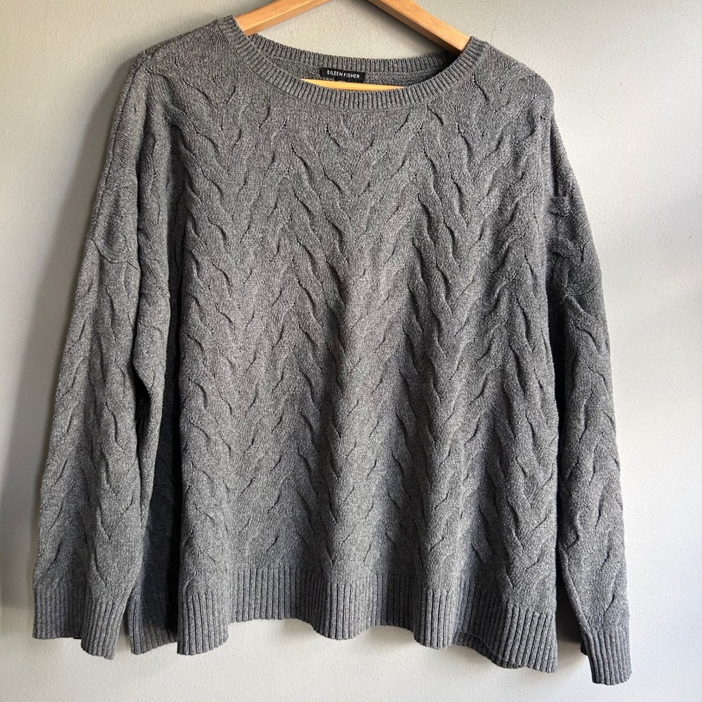 Eileen Fisher Gray Organic Cotton Recycled Cashmere Cable Knit Sweater XL